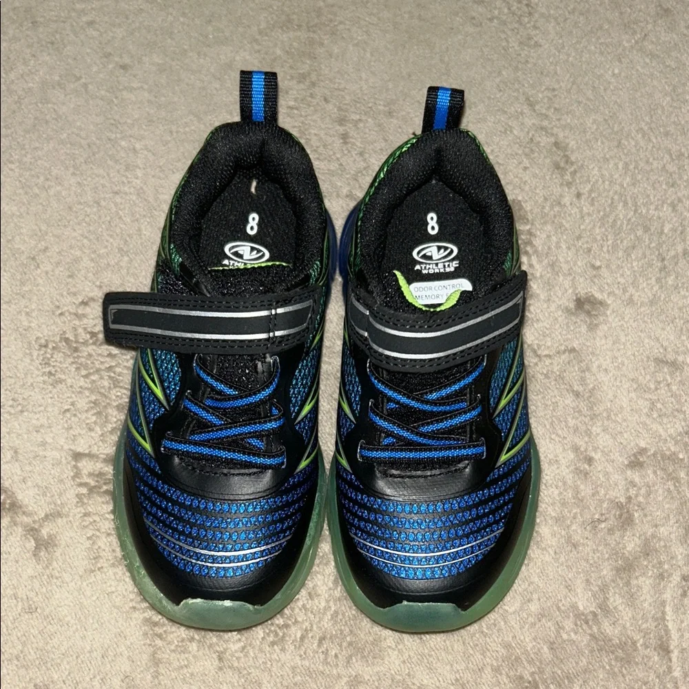 Athletic Works Light-Ups 💡 Kids Sneakers - Black, Blue, and Green Stripes - Picture 1 of 6